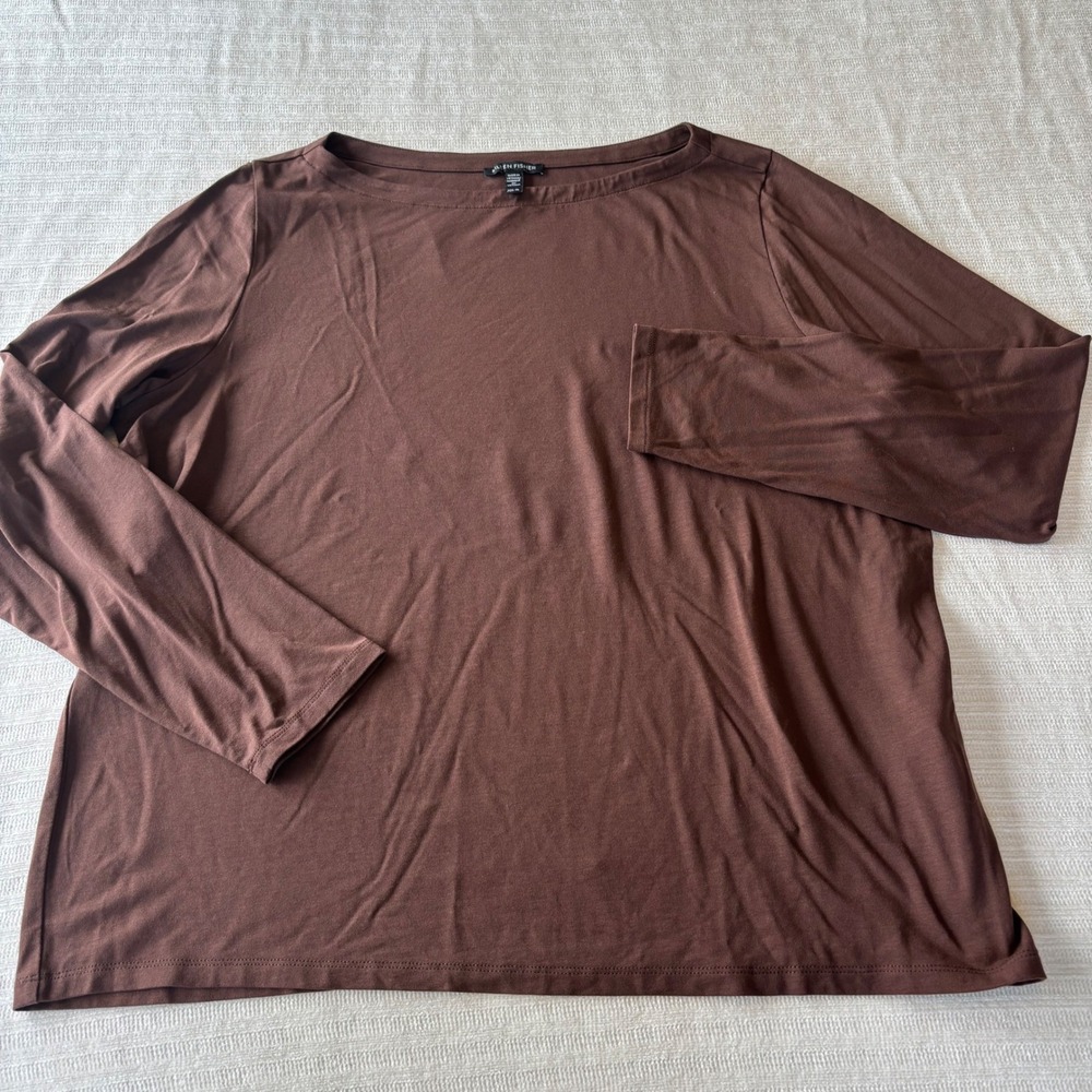 Eileen Fisher Brown Tencel Lyocell Boat Neck Long Sleeve Top XL - Picture 2 of 9
